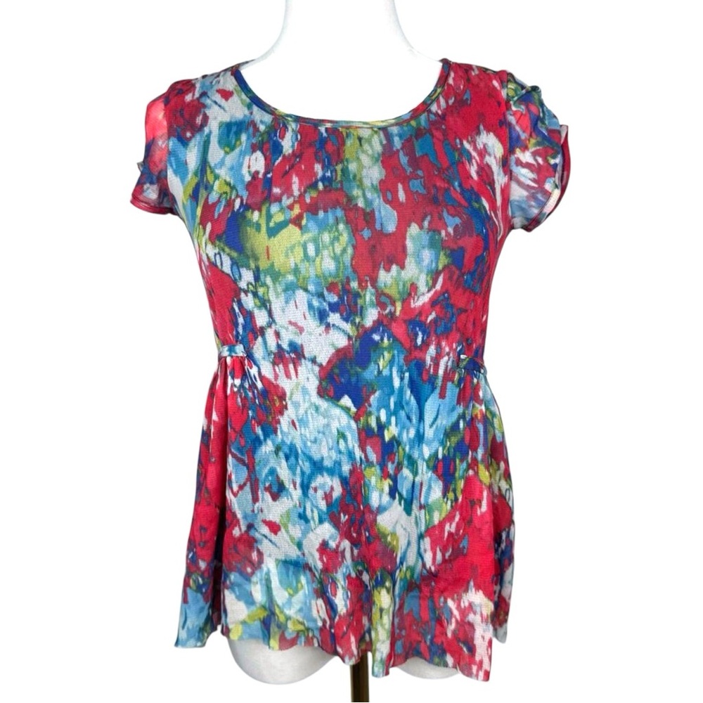 Weston Wear Anthropologie Blouse Abstract Floral Stretchy XS Bohemian Colorful